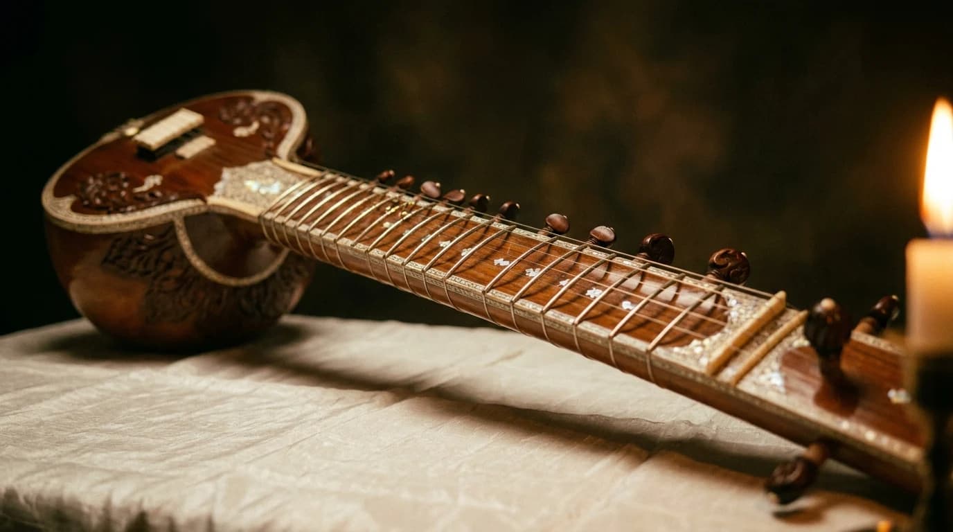 A traditional North Indian sitar resting on white silk, its long neck and carved gourd body catching warm candlelight.