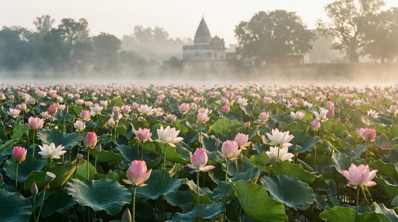 Pink and white lotus blossoms half-open at dawn over a still pond.