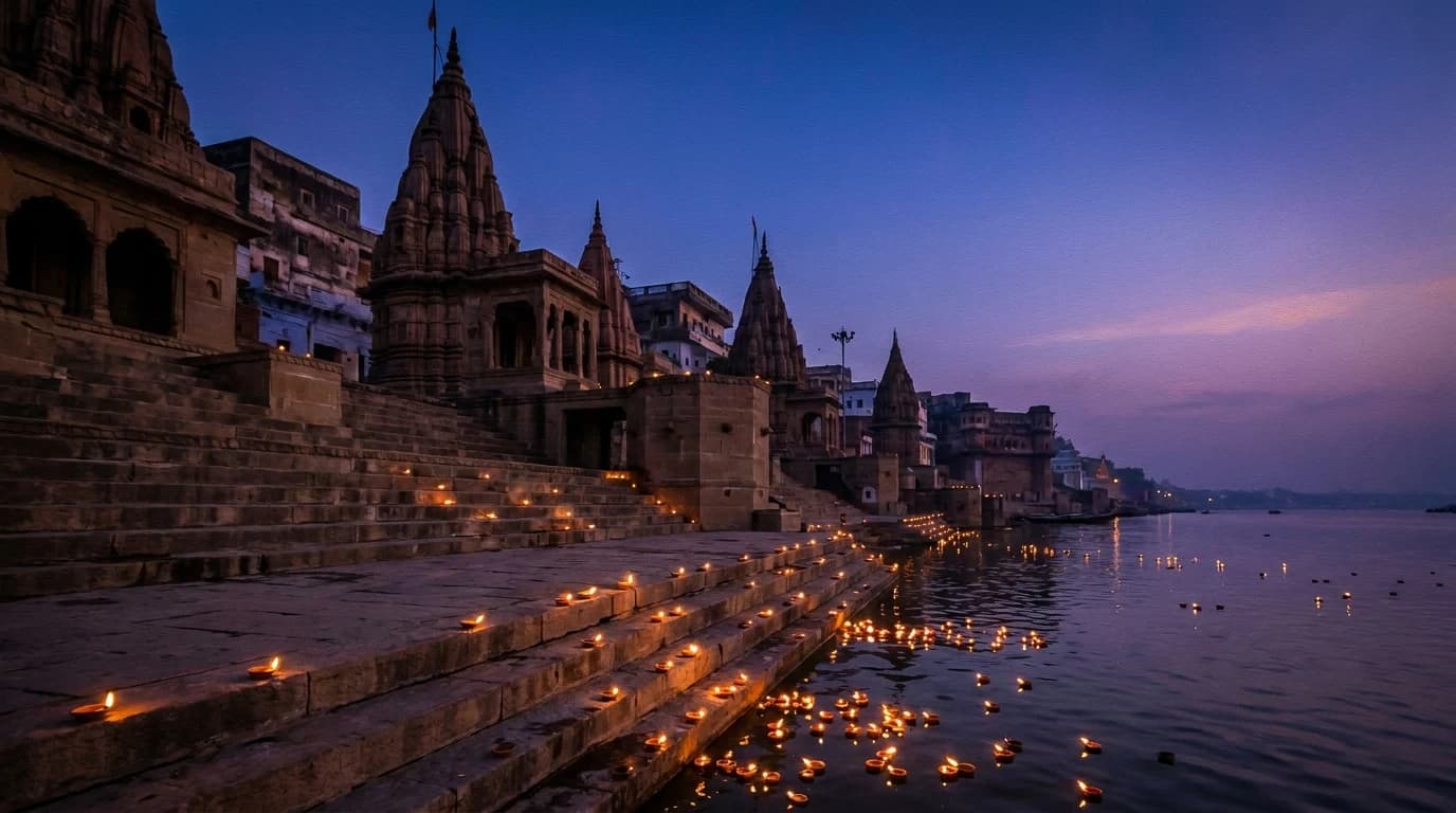 The ancient ghats of Varanasi at blue hour, small oil lamps floating at the water's edge.
