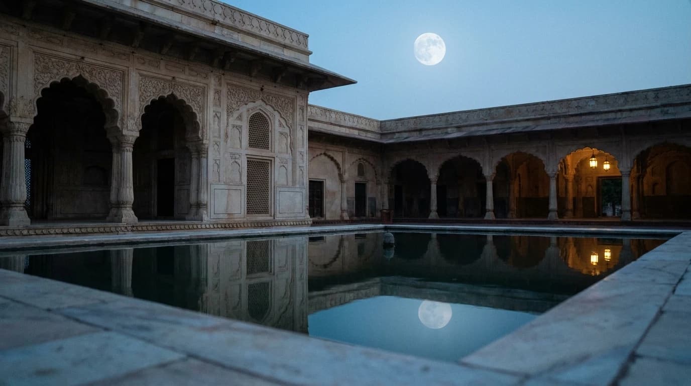 A quiet Mughal courtyard at night under a full moon, pale light on carved stone arches and a still reflecting pool.