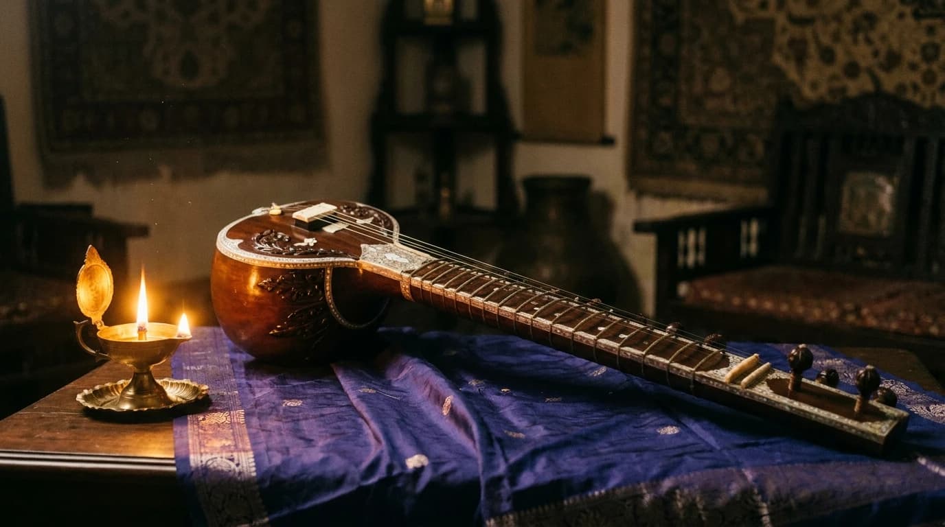 A North Indian sitar resting on indigo silk in a dim room, lit by the warm flame of a single brass oil lamp.
