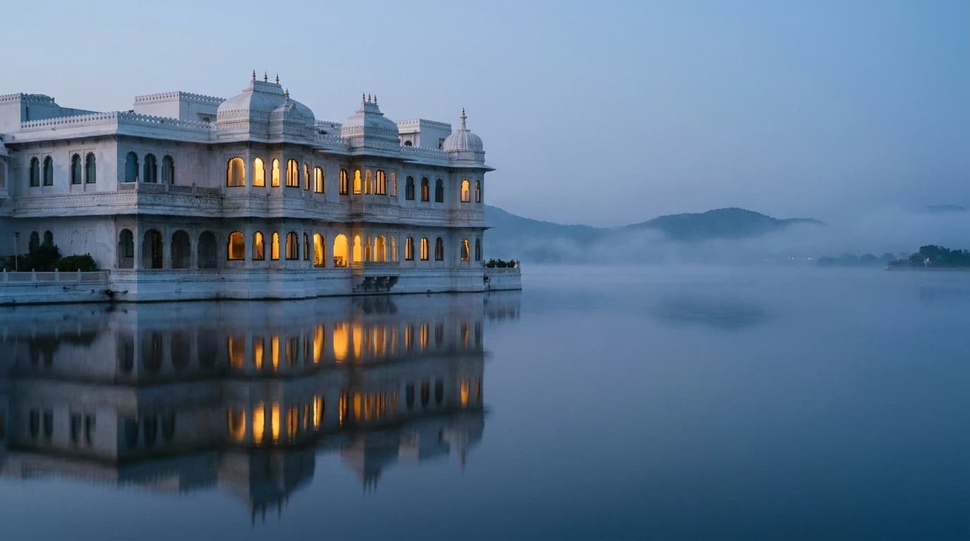A white marble palace on a still lake at blue hour, warm light glowing from its arched windows and reflecting on the calm water.
