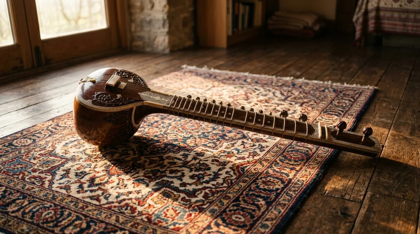 A single North Indian sitar resting on a hand-woven Indian rug on a wooden floor in soft late-afternoon light.