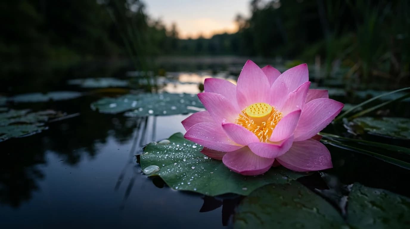 A single pink lotus flower in bloom in a still dark pond at twilight, soft amber-blue light, dewdrops on petals.