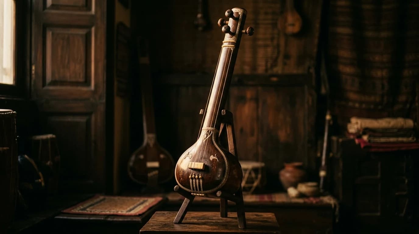 A traditional Indian tanpura instrument resting upright on a small wooden stand, four strings catching warm side-light.